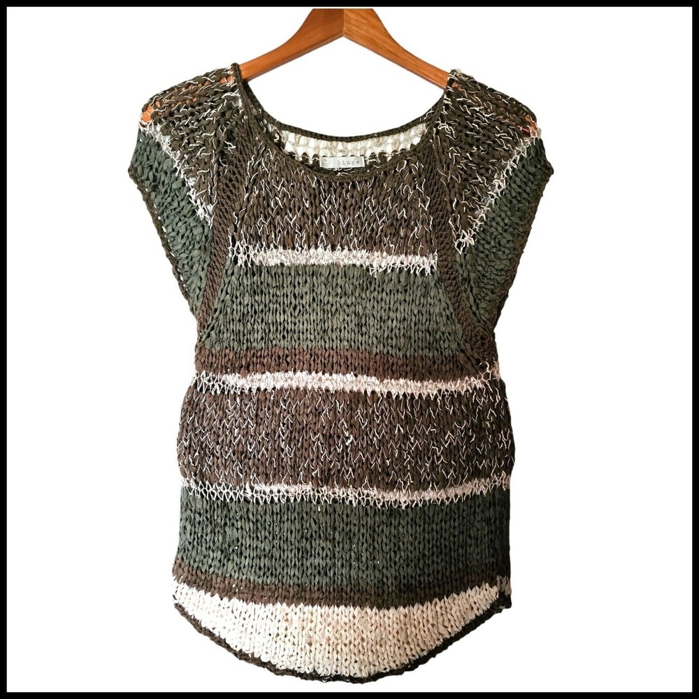 Hinge Loose Knit Short Sleeve Sweater Top M Medium Brown Green